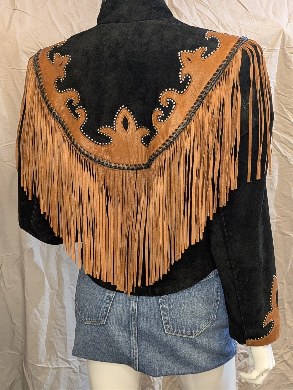 Vintage Diamond Leather Black And Brown Western Jacket Fringe Studs Made In USA - Picture 6 of 10